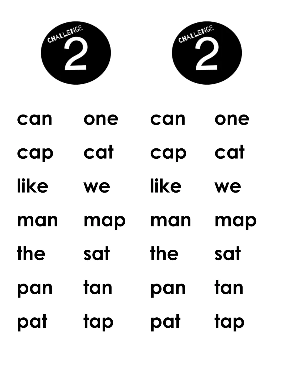 Week 2 challenge: students read 14 words including can, cap, like, man, the, pan and pat, mixing sight and short a words