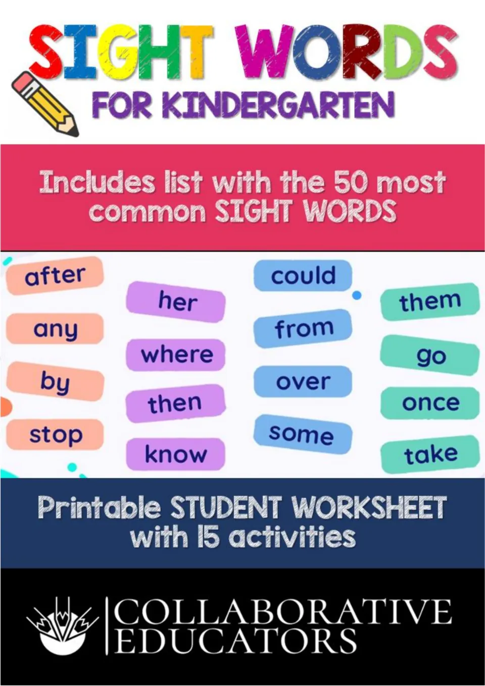 Sight Words for Kindergarten cover: a list of the 50 most common sight words and a student worksheet with 15 activities