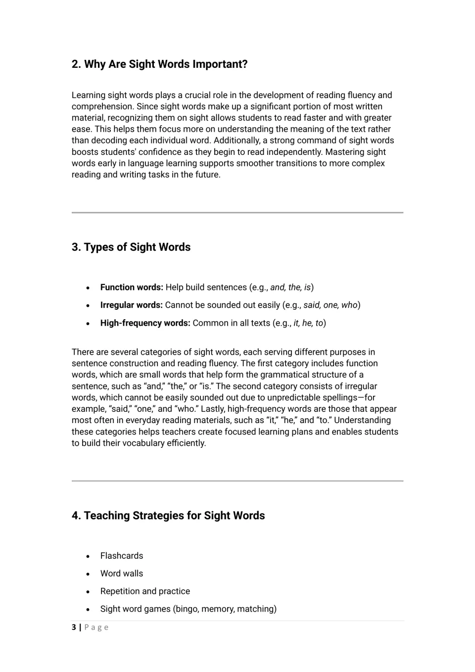 Why sight words matter and their three types (function, irregular, high-frequency), plus the first teaching strategies