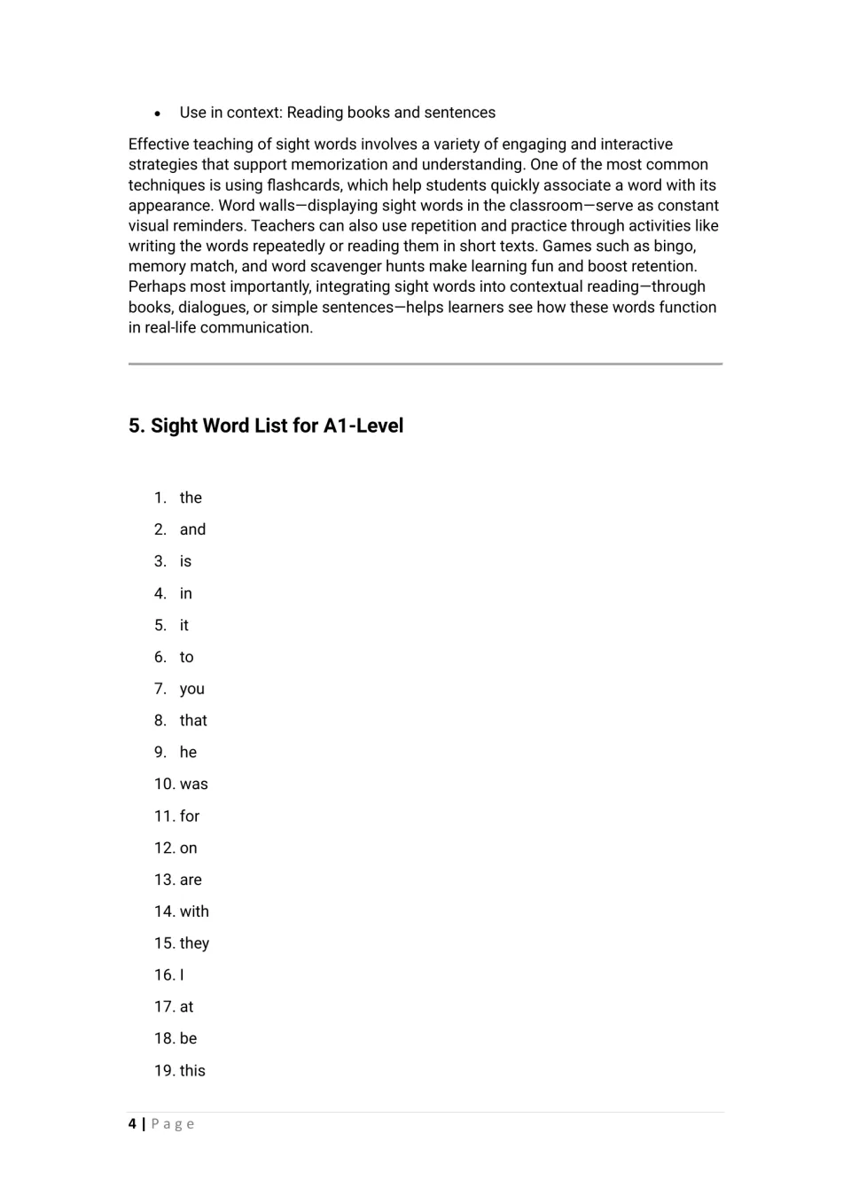 Teaching strategy on using sight words in context, then words 1 to 19 of the A1-level list, from 'the' to 'this'