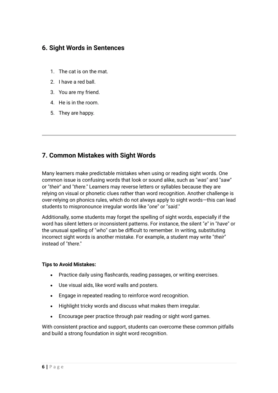 Five example sentences, then common mistakes like confusing was and saw or their and there, with tips to avoid them