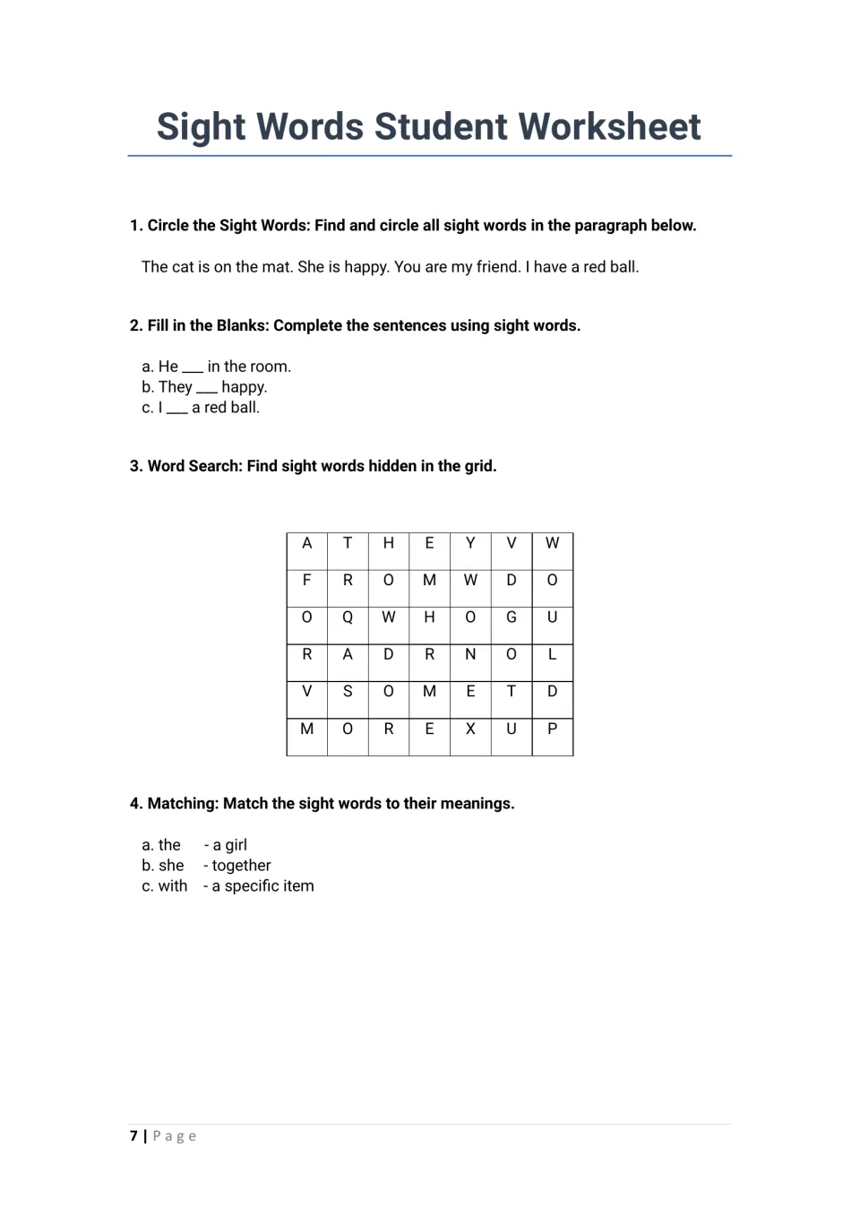 Sight word student worksheet: students circle words in a paragraph, fill in blanks, do a word search and match meanings