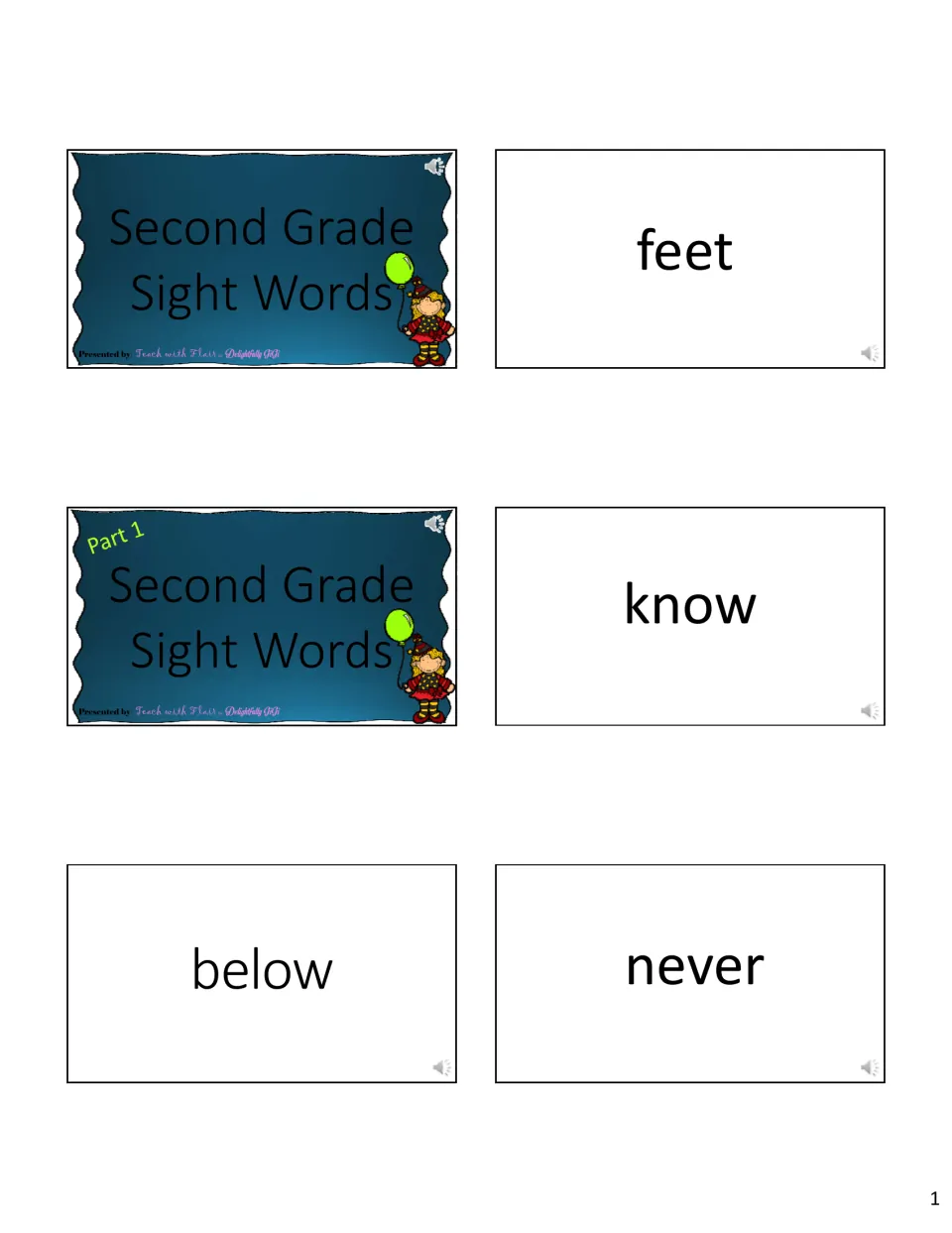 Second Grade Sight Words title slide and Part 1 opener, followed by flashcards for feet, know, below and never