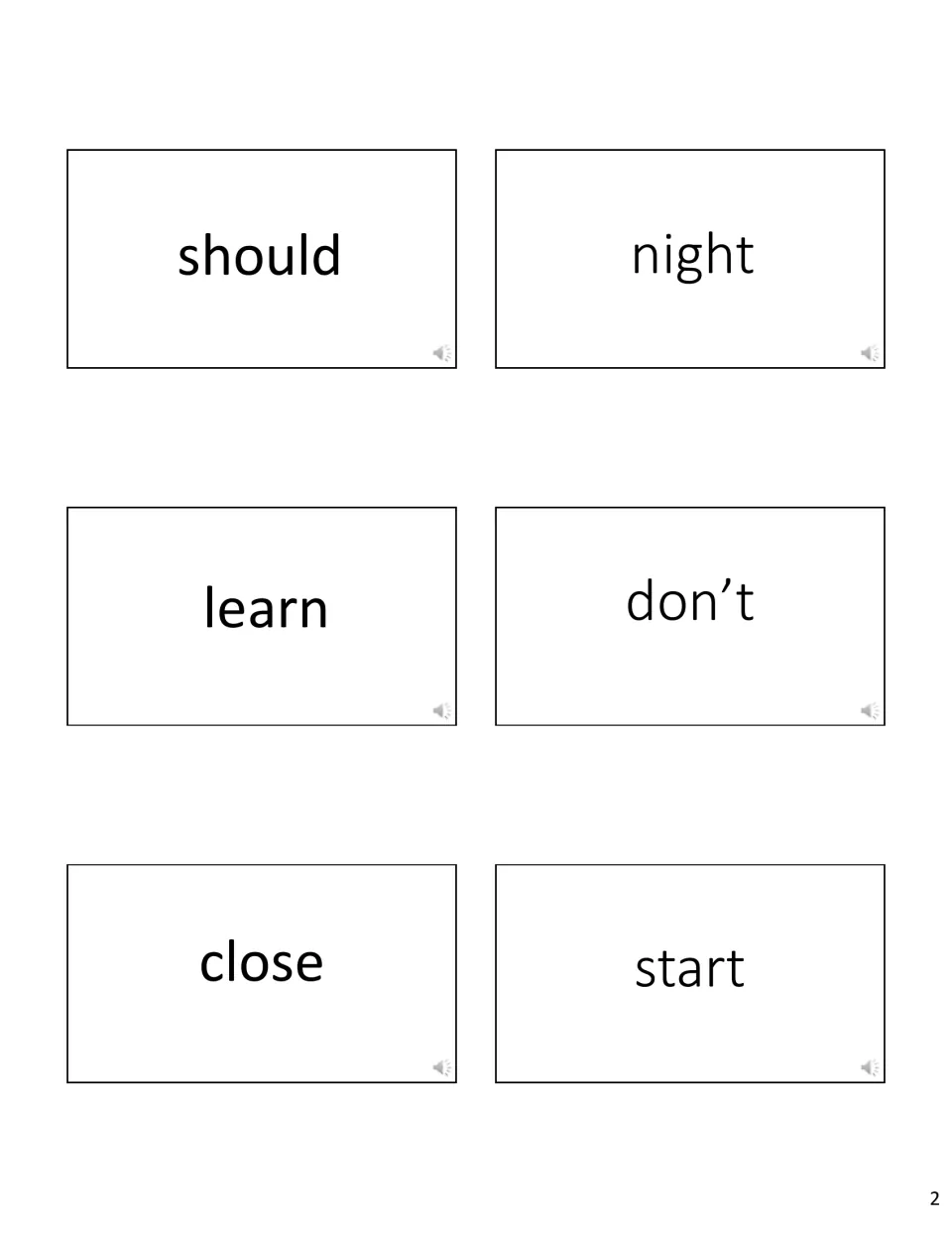 Sight word flashcards for reading practice: should, night, learn, don't, close and start, one word per card