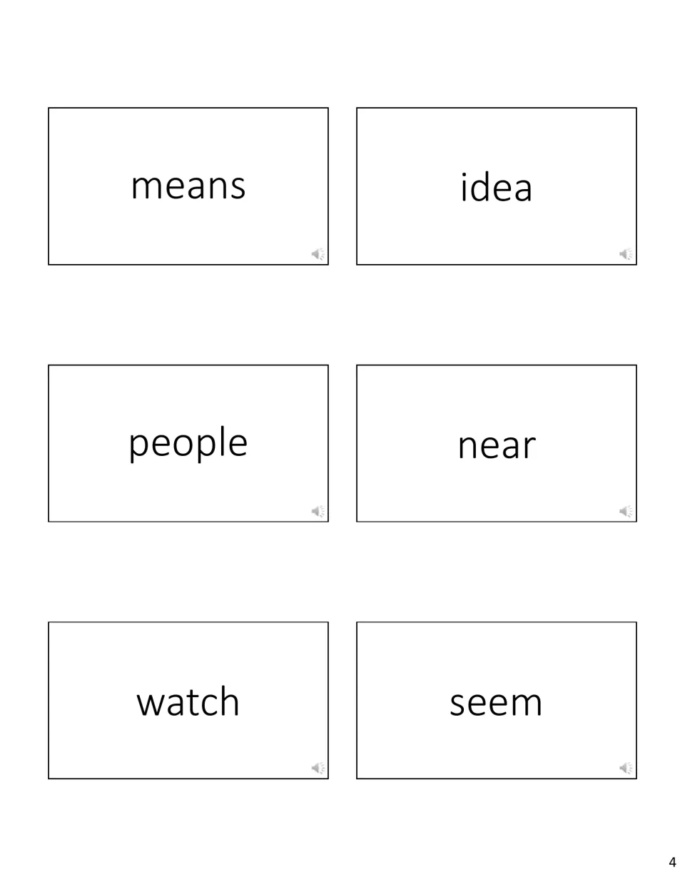 High-frequency word cards for practising quick reading of means, idea, people, near, watch and seem