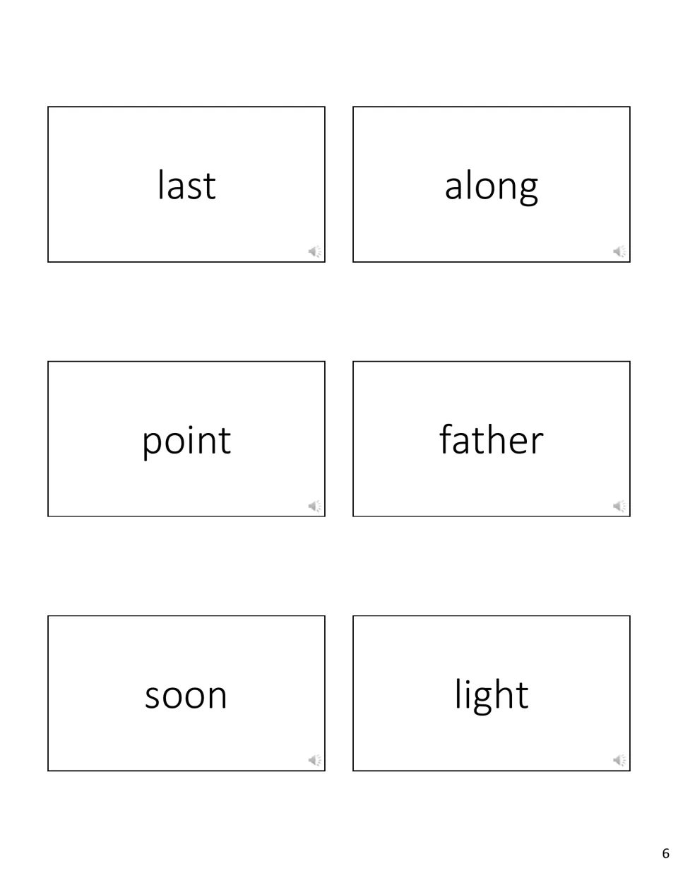 Flashcards for instant word reading: last, along, point, father, soon and light, each word shown alone on a card