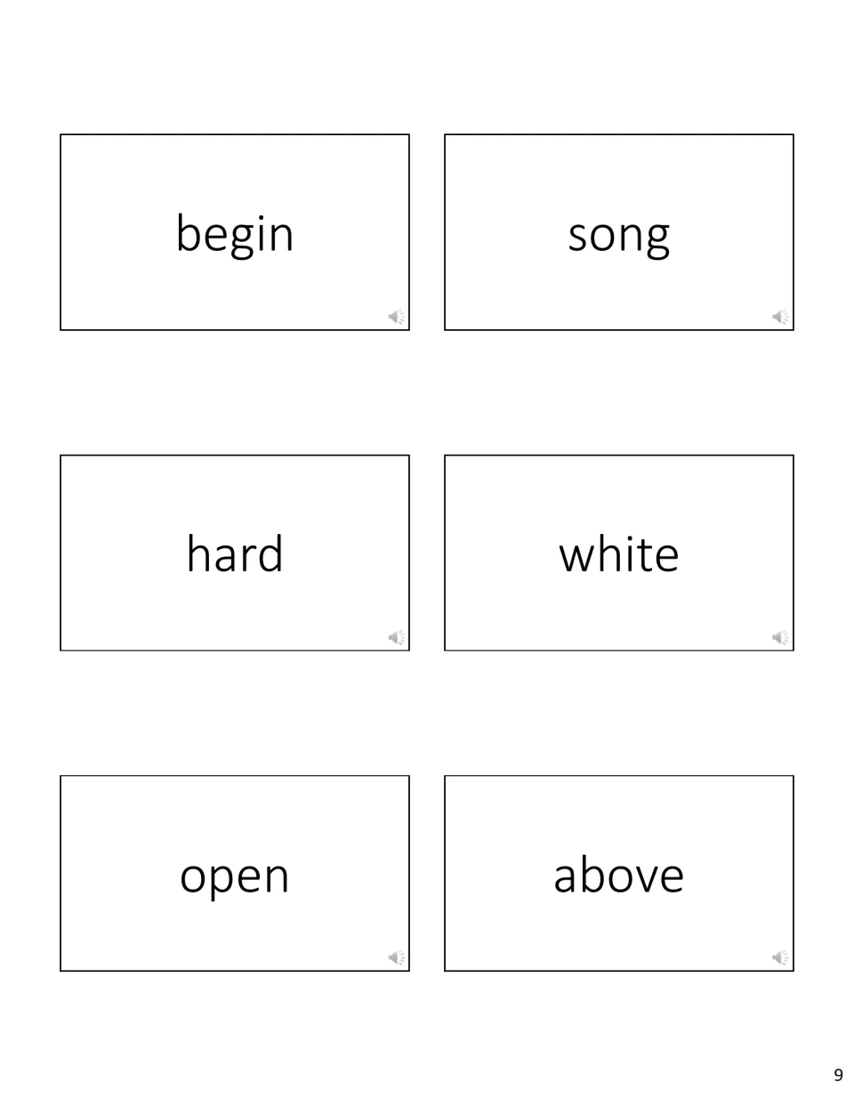 Reading practice cards with the words begin, song, hard, white, open and above for automatic word recognition
