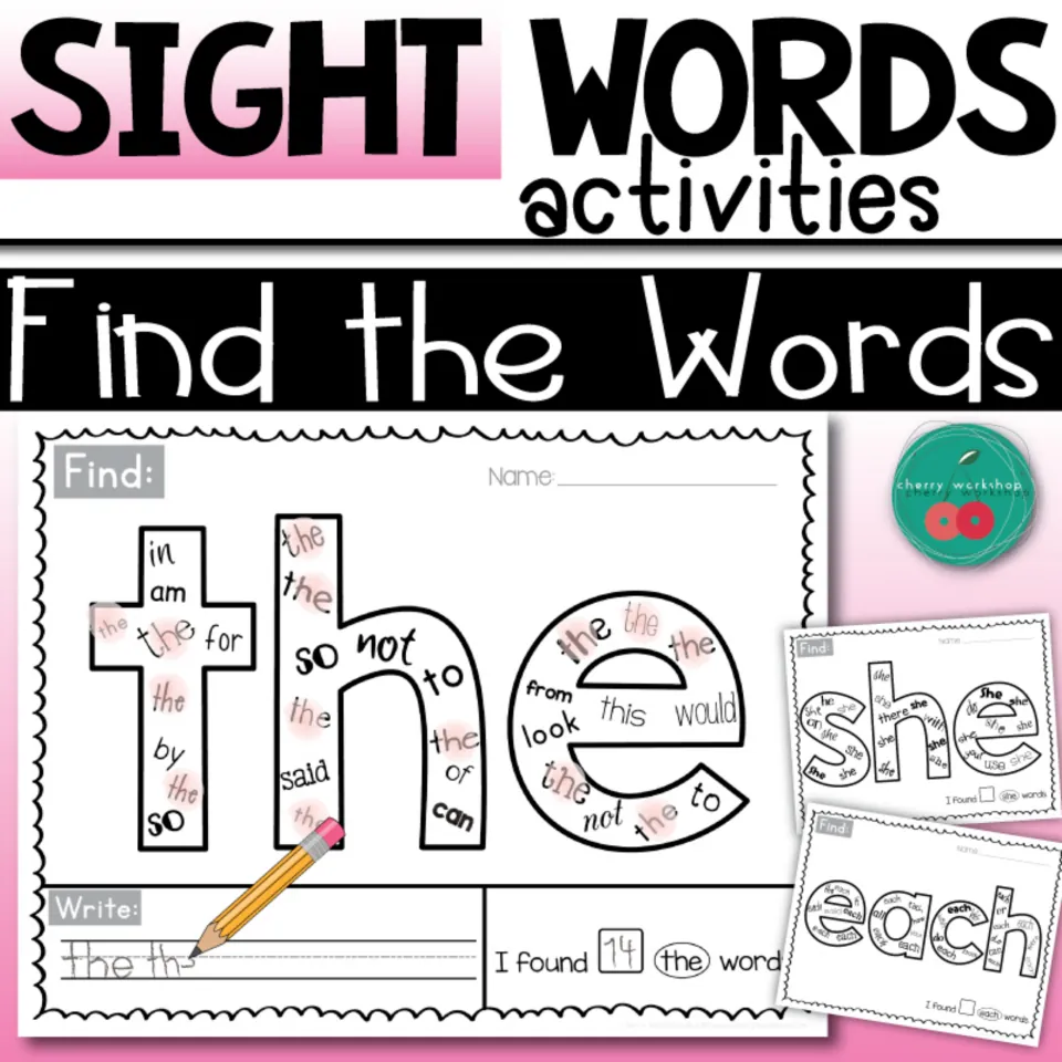Sight Words Activities Find the Words cover showing sample pages for the, she and each with words hidden in big letters