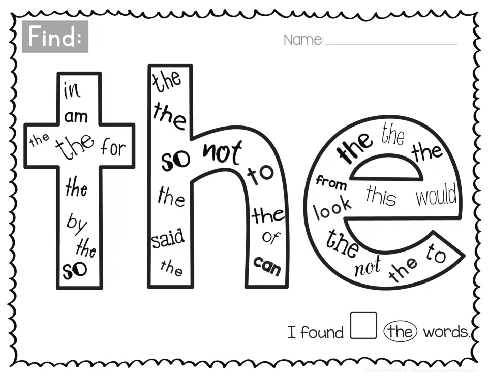 Sight word the: students find every the among words like said, not and from written inside the big letters, then count