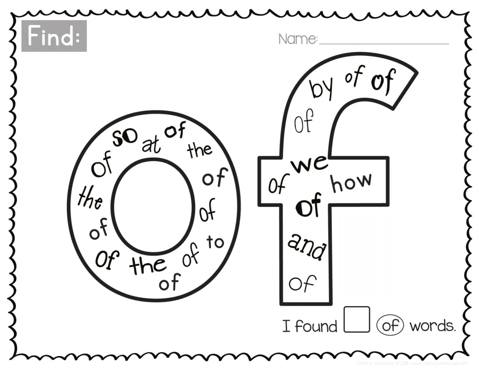 Sight word of: students find each of among by, we, how, and, the and to inside the big letters and record the total