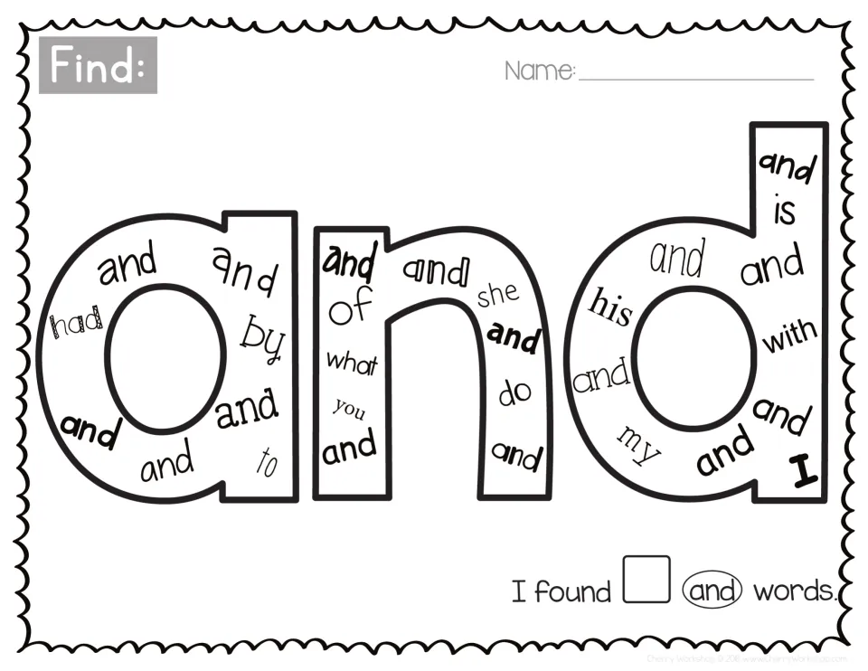 Sight word and: students search the big letters for and among had, what, she, his and with, then write the count