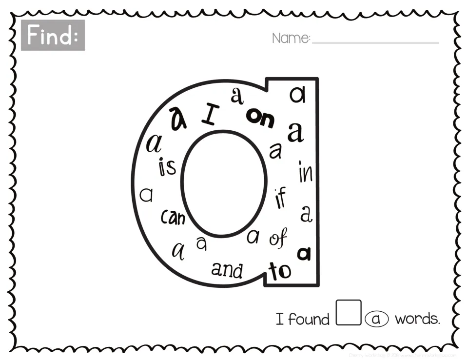 Sight word a: students spot the single-letter word a among is, can, on, if, in and to in one big letter and tally them