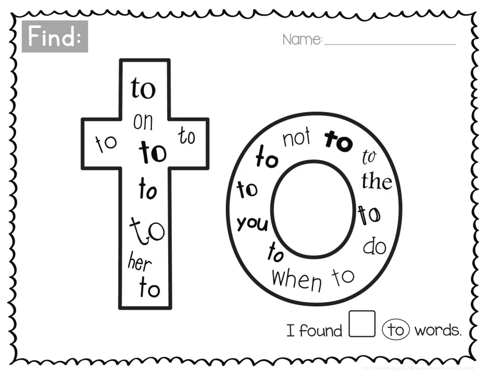 Sight word to: students find every to among on, her, not, you, the, do and when in the large letters and write how many