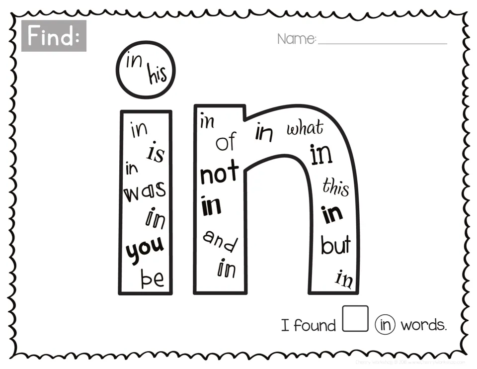 Sight word in: students locate each in among his, is, was, you, be, not, what and but in the big letters and count them