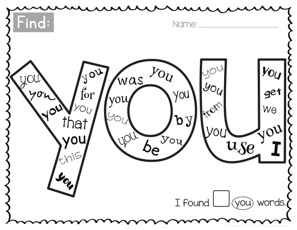 Sight word you: students find each you among was, for, that, by, be, from, get, we and use in the letters, then count