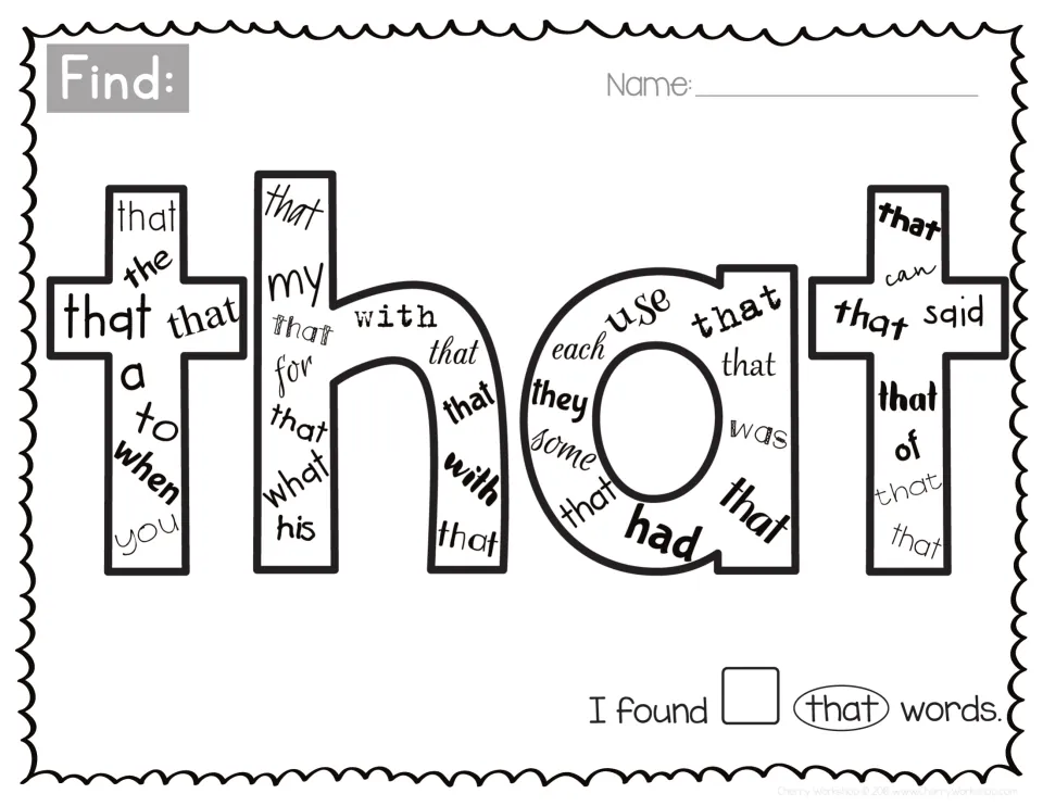 Sight word that: students pick out that among the, my, with, they, each, had, what and said in the big letters and count