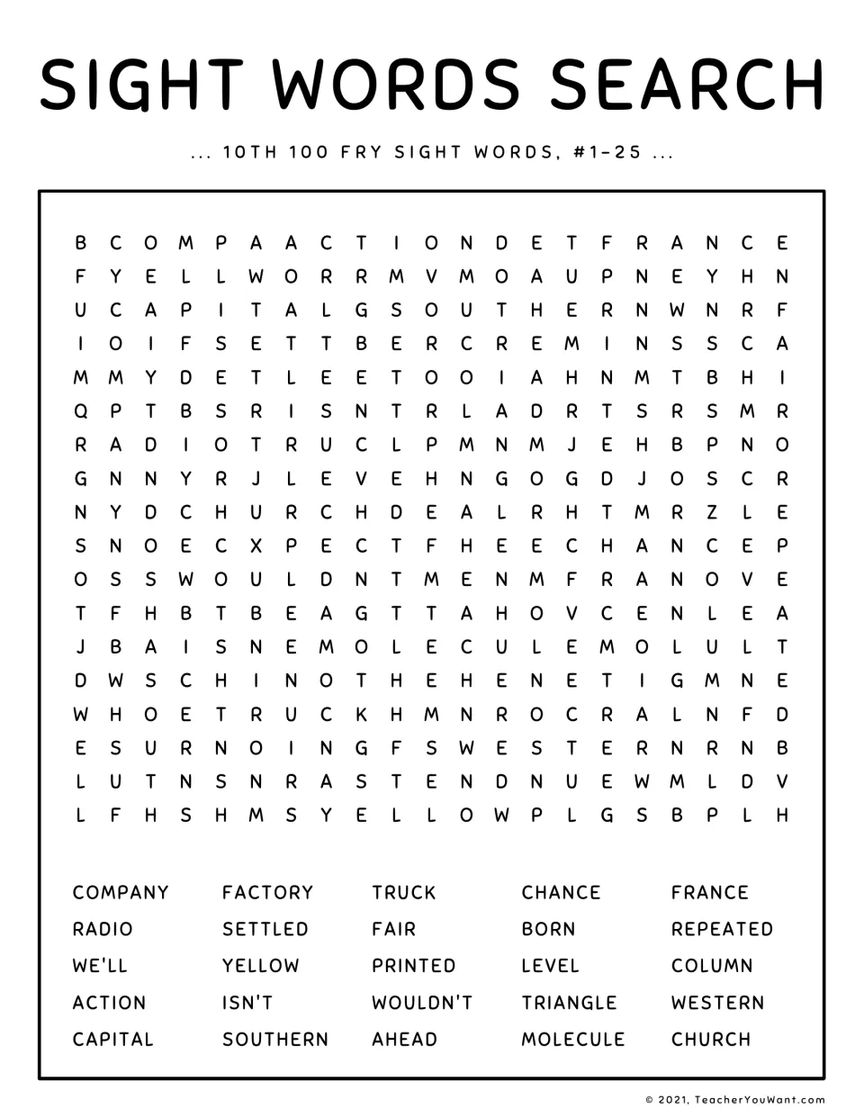 Sight words search, 10th 100 Fry words #1-25: students find 25 words such as company, factory, radio and molecule