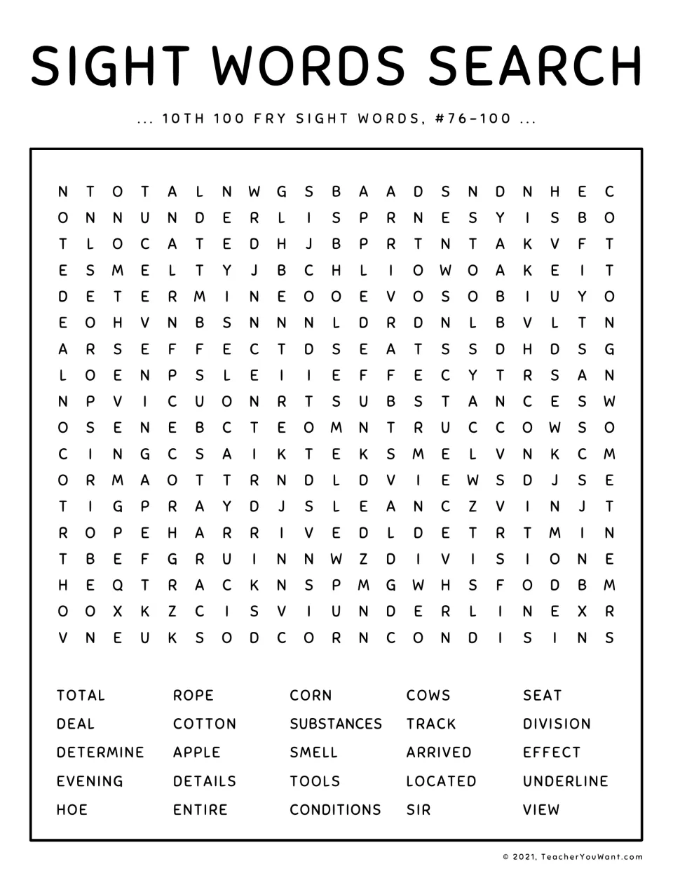Fry sight words #76-100 search: students find 25 words including substances, determine, underline and conditions