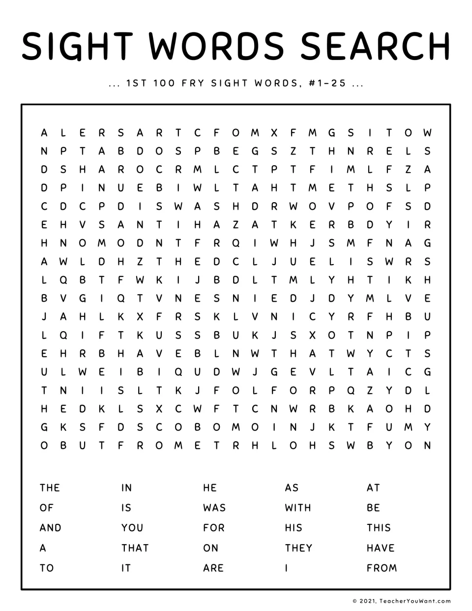 Sight word search, Fry words #1-25: students find 25 words such as the, of, and, you and from hidden in the letter puzzle