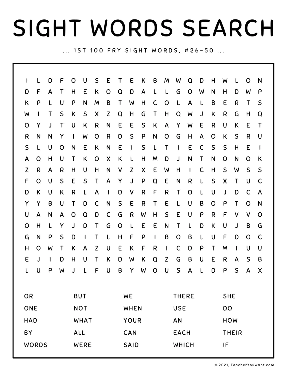 Fry sight words #26-50 search: students locate or, one, had, words, which, their and 19 more words in the letter puzzle