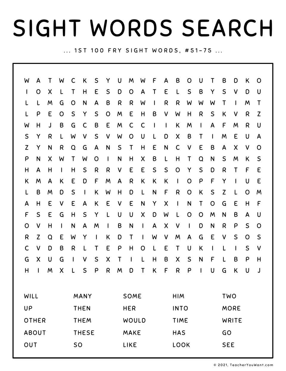 Word search for Fry words #51-75: students hunt for will, about, would, write, these, look and see among the letter rows