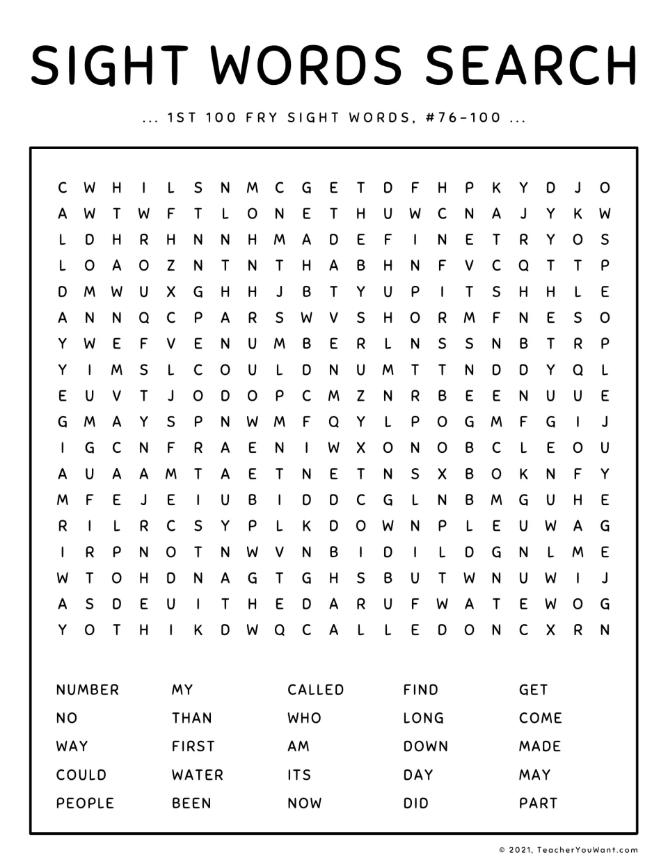 Fry words #76-100 puzzle: students search for number, people, water, called, first, down and other listed sight words