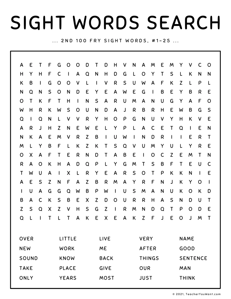 Sight words search, 2nd 100 Fry words #1-25: students find 25 words such as over, sound, place and sentence in the puzzle