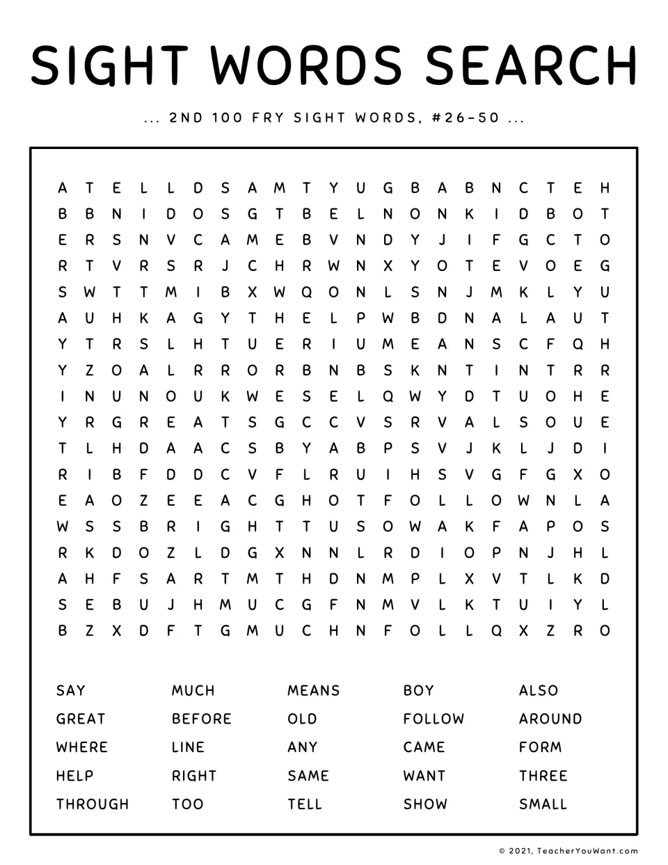 Fry sight words #26-50 search: students hunt for 25 hidden words including great, where, through, follow and around