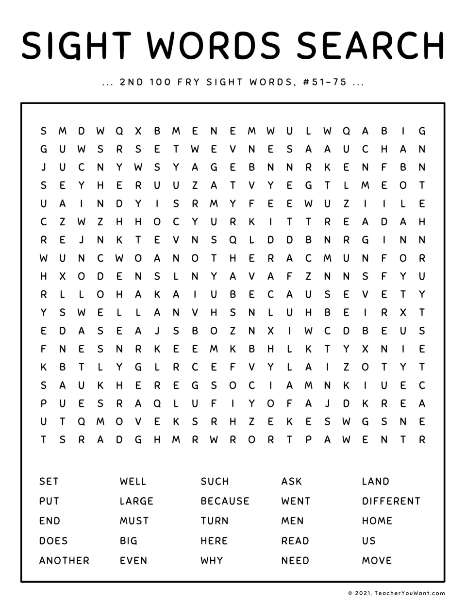 Word hunt for Fry words #51-75: students locate and circle words like another, because, different, large and move