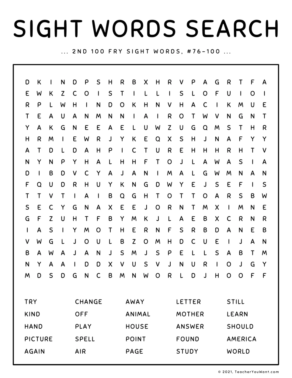 Fry words #76-100 puzzle: students search the letters for picture, animal, mother, answer, America, world and more