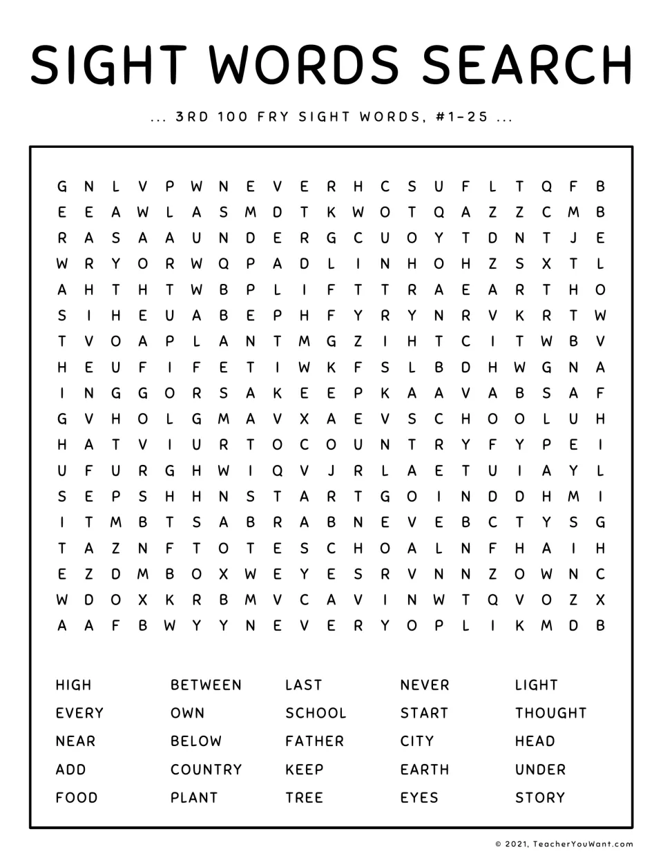 Sight words search for Fry words #1-25: students find HIGH, EVERY, NEAR, ADD, FOOD and 20 more listed words in letters