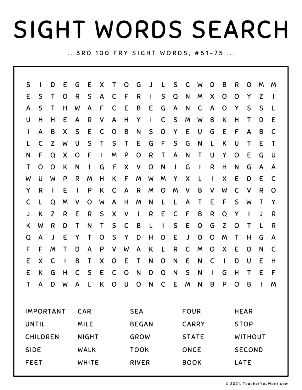 Sight words search for Fry words #51-75: students find IMPORTANT, UNTIL, CHILDREN, SIDE, FEET and 20 more listed words