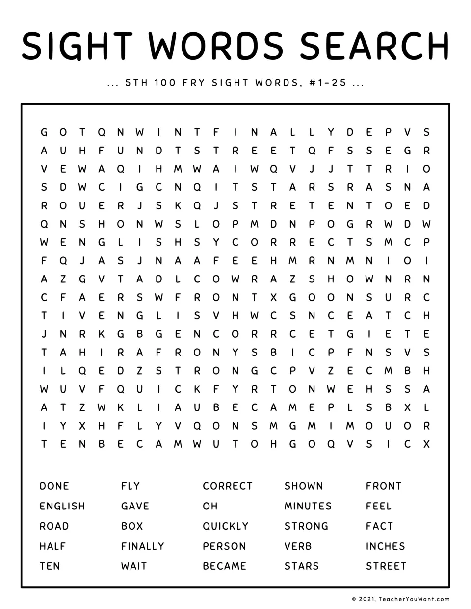 Sight word search, 5th 100 Fry words #1-25: students find and circle 25 words such as finally, street, English and strong