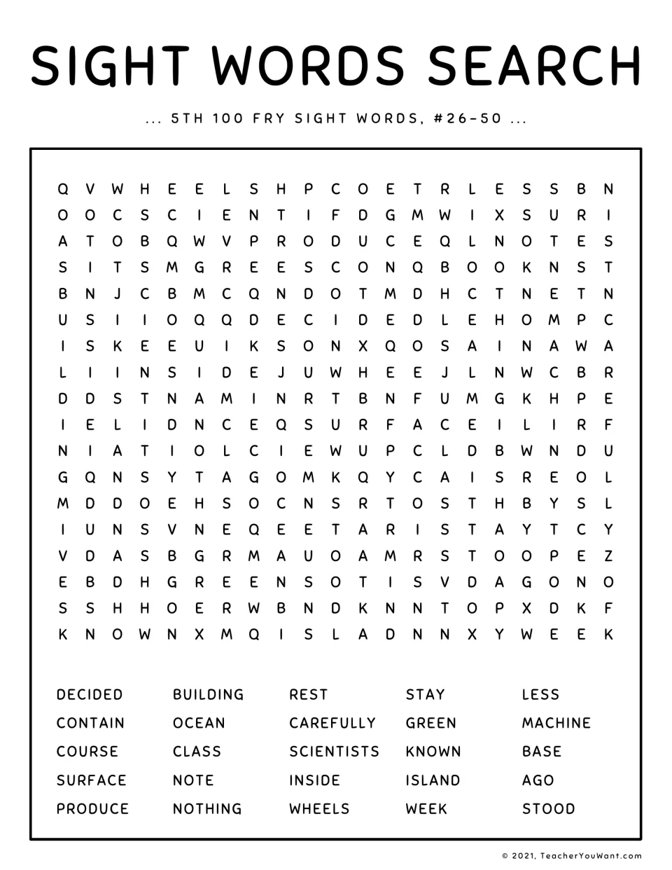 Sight word search, Fry words #26-50: students hunt for 25 words including decided, building, scientists and surface