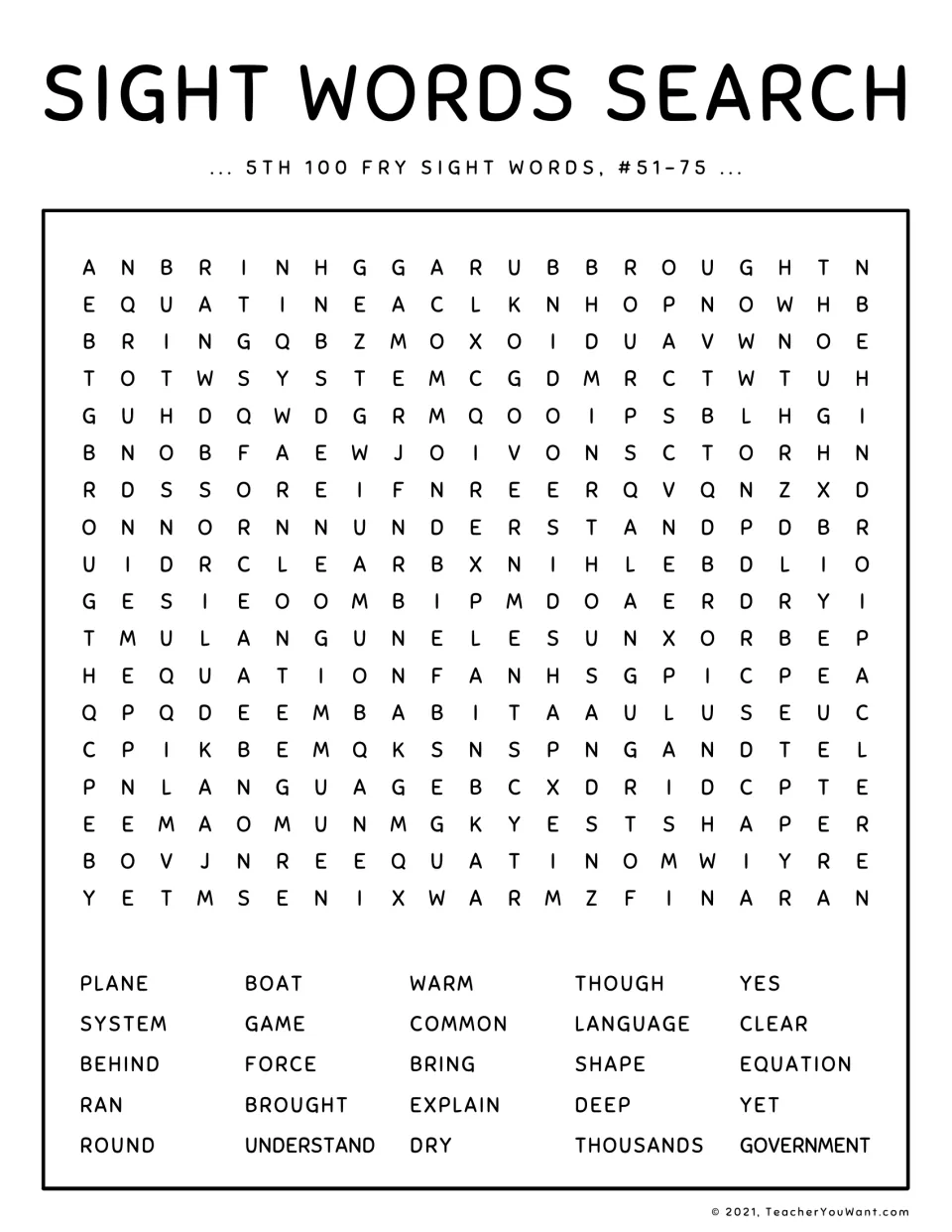 Sight word search, Fry words #51-75: students locate 25 words like equation, language, understand and government