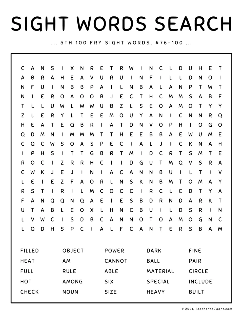 Sight word search, Fry words #76-100: students find 25 words such as object, material, special, circle and include