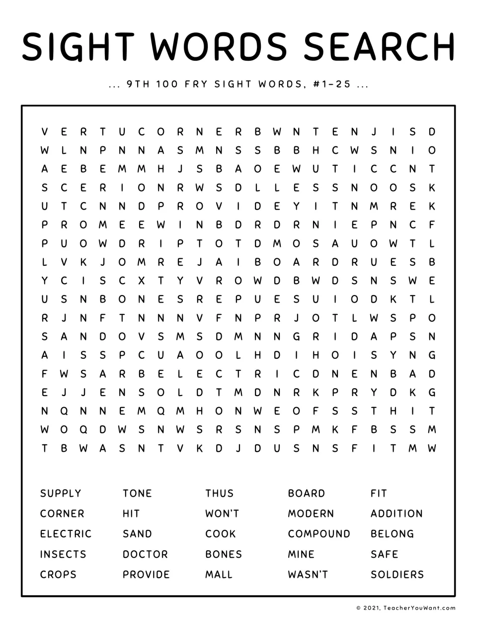 Fry sight words #1-25 word search: students find and circle 25 hidden words such as supply, corner, electric and soldiers