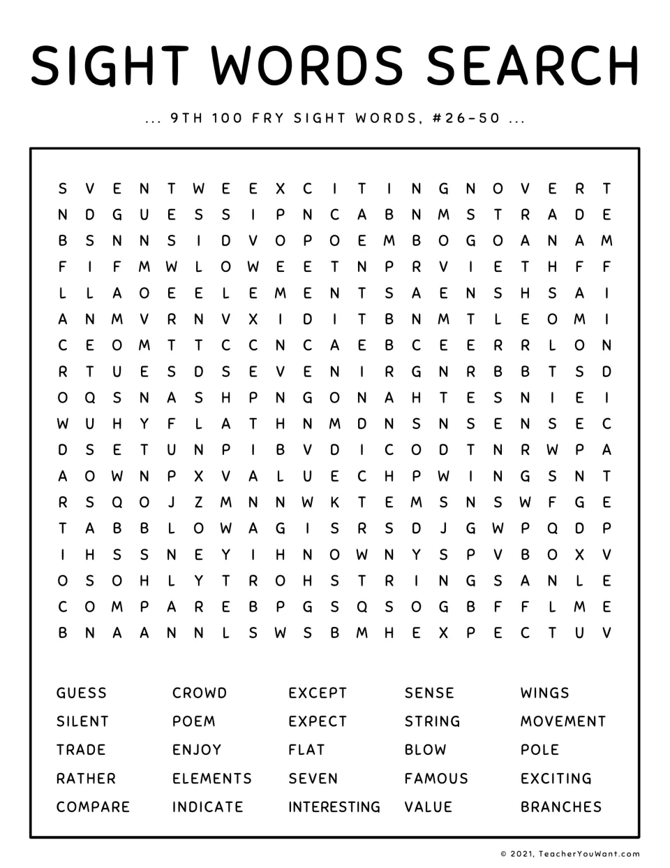 Fry sight words #26-50 word search: students locate 25 words including guess, silent, compare, interesting and branches
