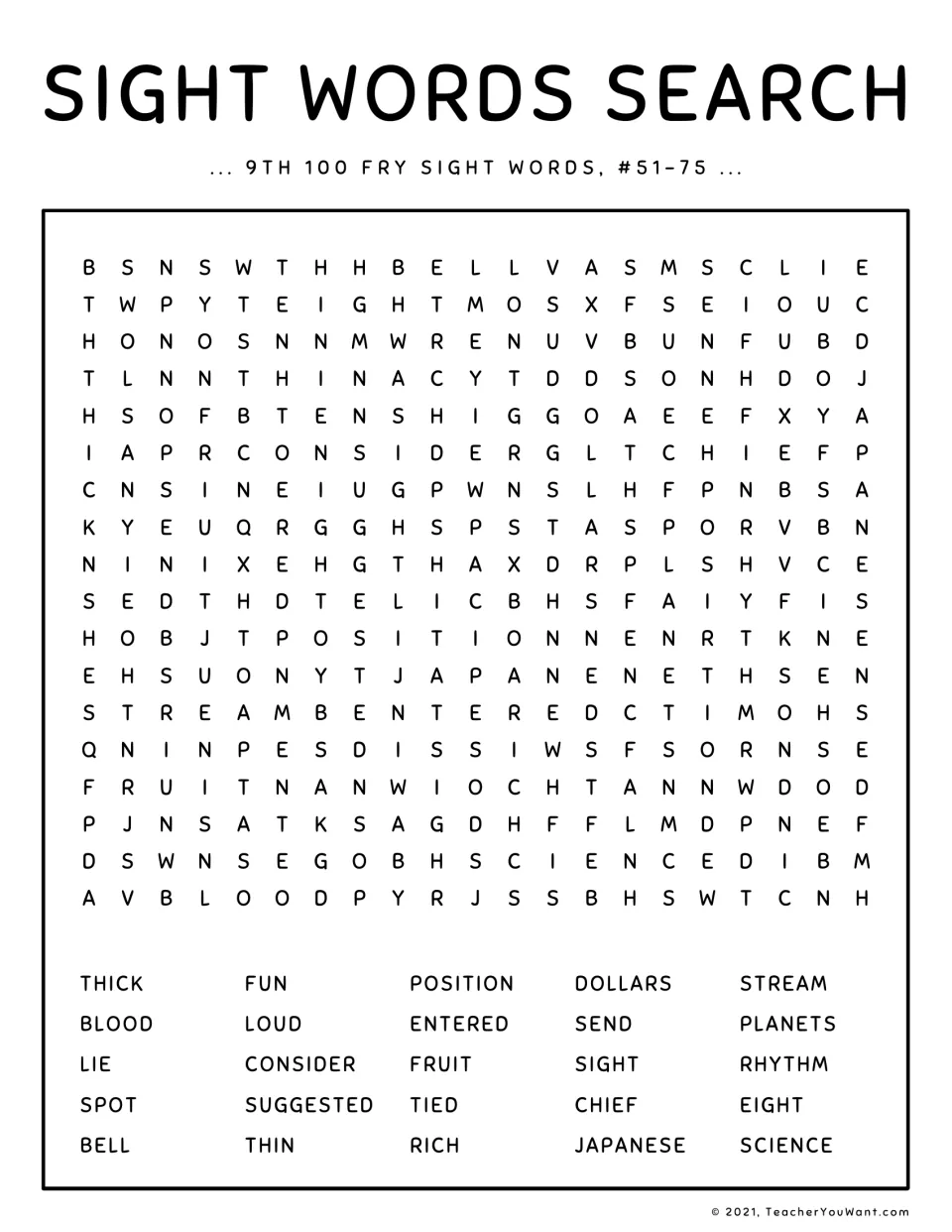 Fry sight words #51-75 word search: students hunt for 25 words like thick, blood, consider, Japanese, rhythm and science