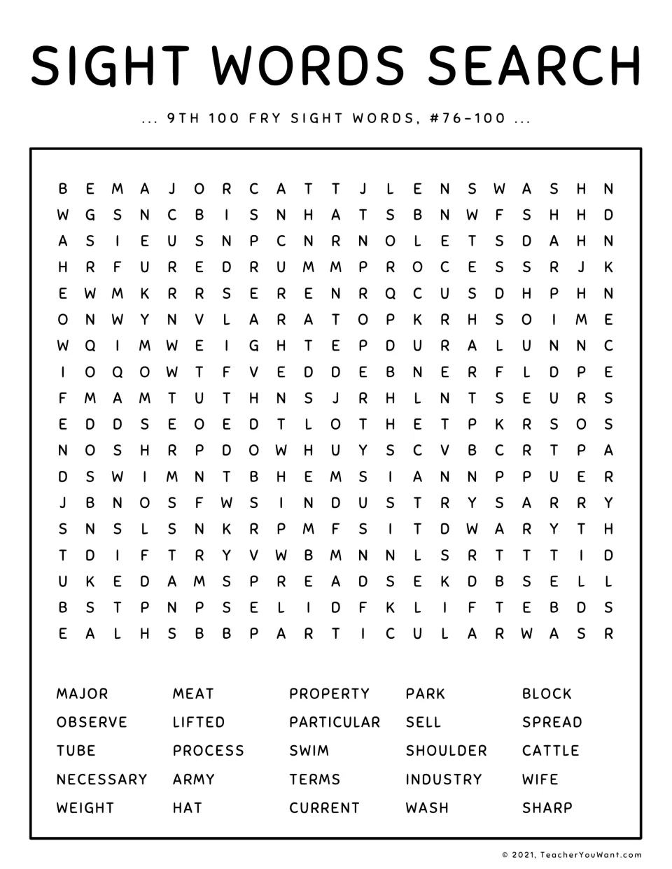 Fry sight words #76-100 word search: students spot 25 words such as major, observe, necessary, particular and shoulder
