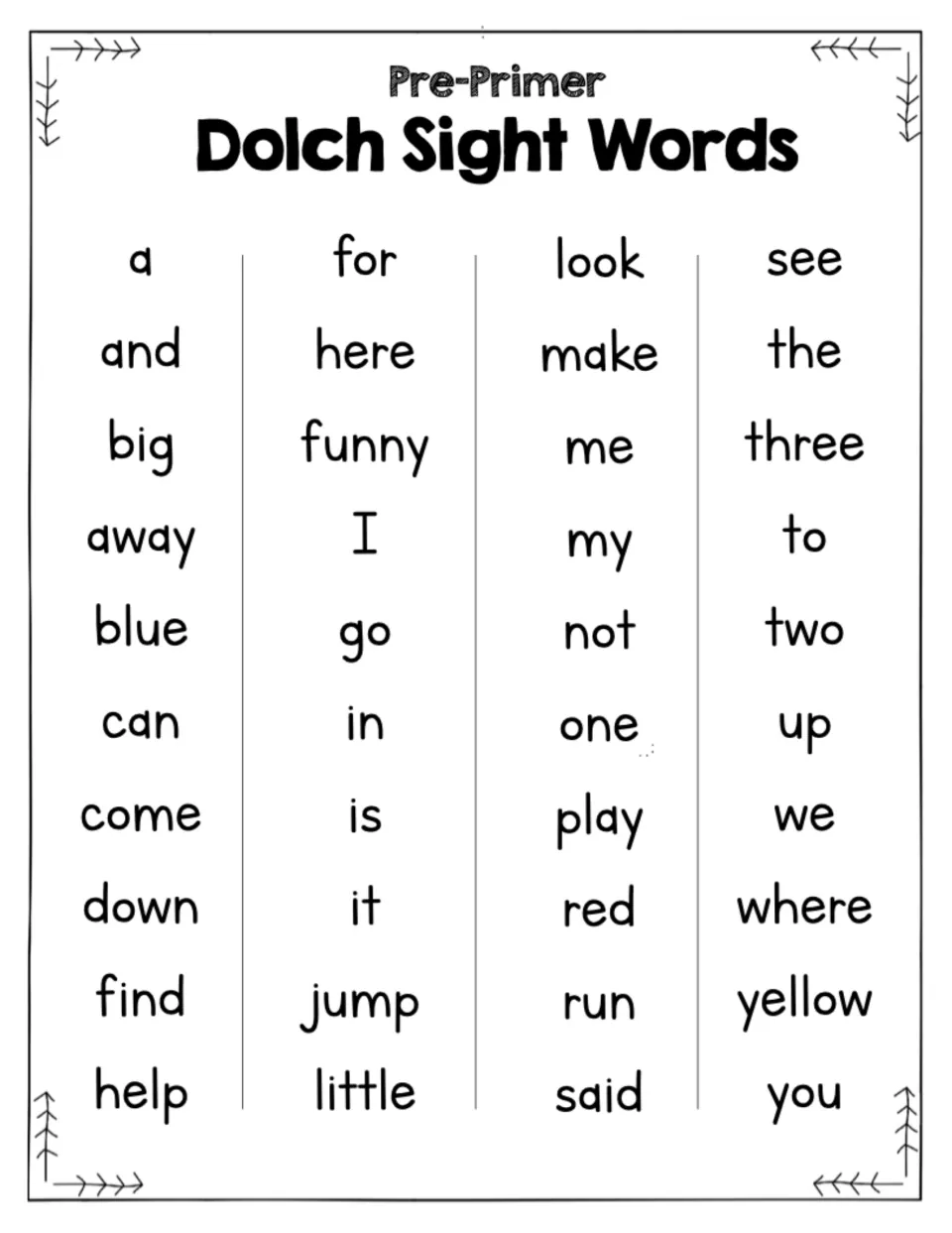 Pre-primer Dolch word list of 40 words from a, and, big and away through where, yellow and you, for reading by sight