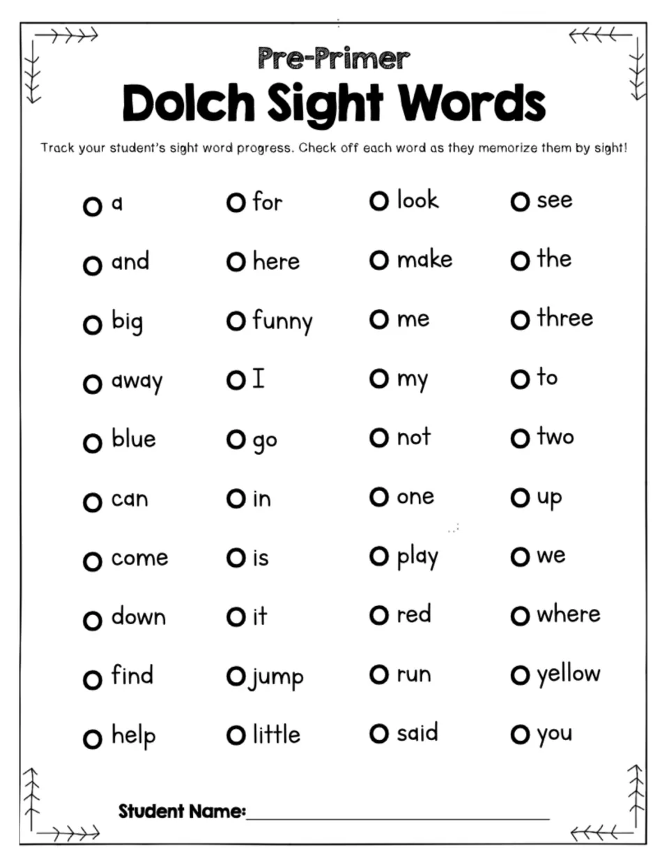 Pre-primer sight word tracker: check off each of the 40 words as a student memorizes it by sight; includes Student Name