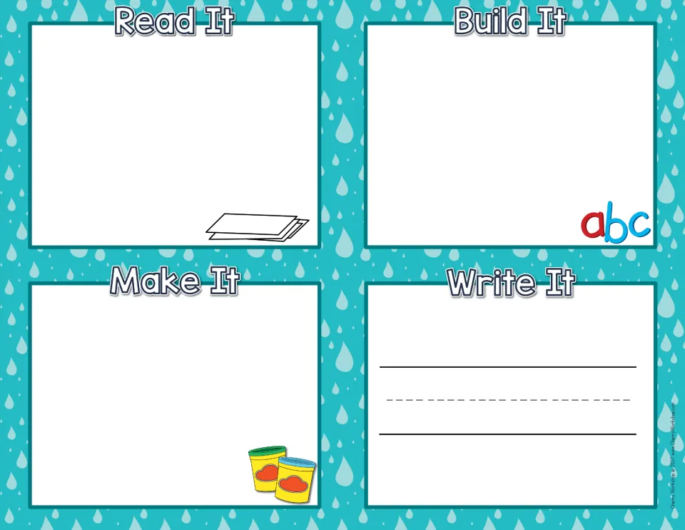 Rain sight word mat with Read It (word card), Build It (letters), Make It (dough) and Write It sections