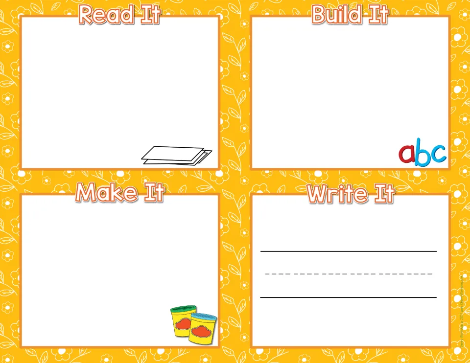 Spring sight word mat with four sections: Read It, Build It with letters, Make It with play dough and Write It