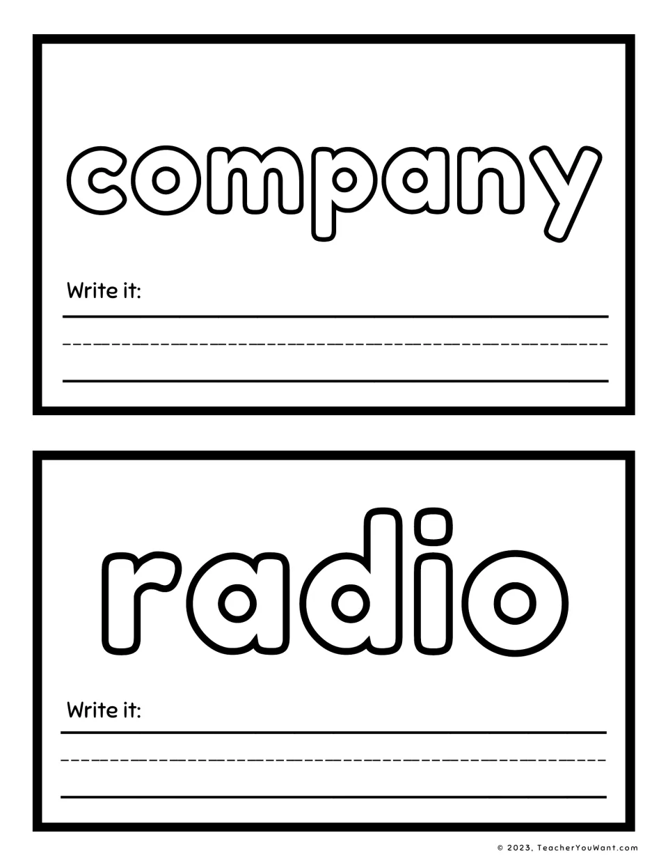Sight word playdough mats 1–2: company and radio, with outlined words to shape and “Write it” prompts.