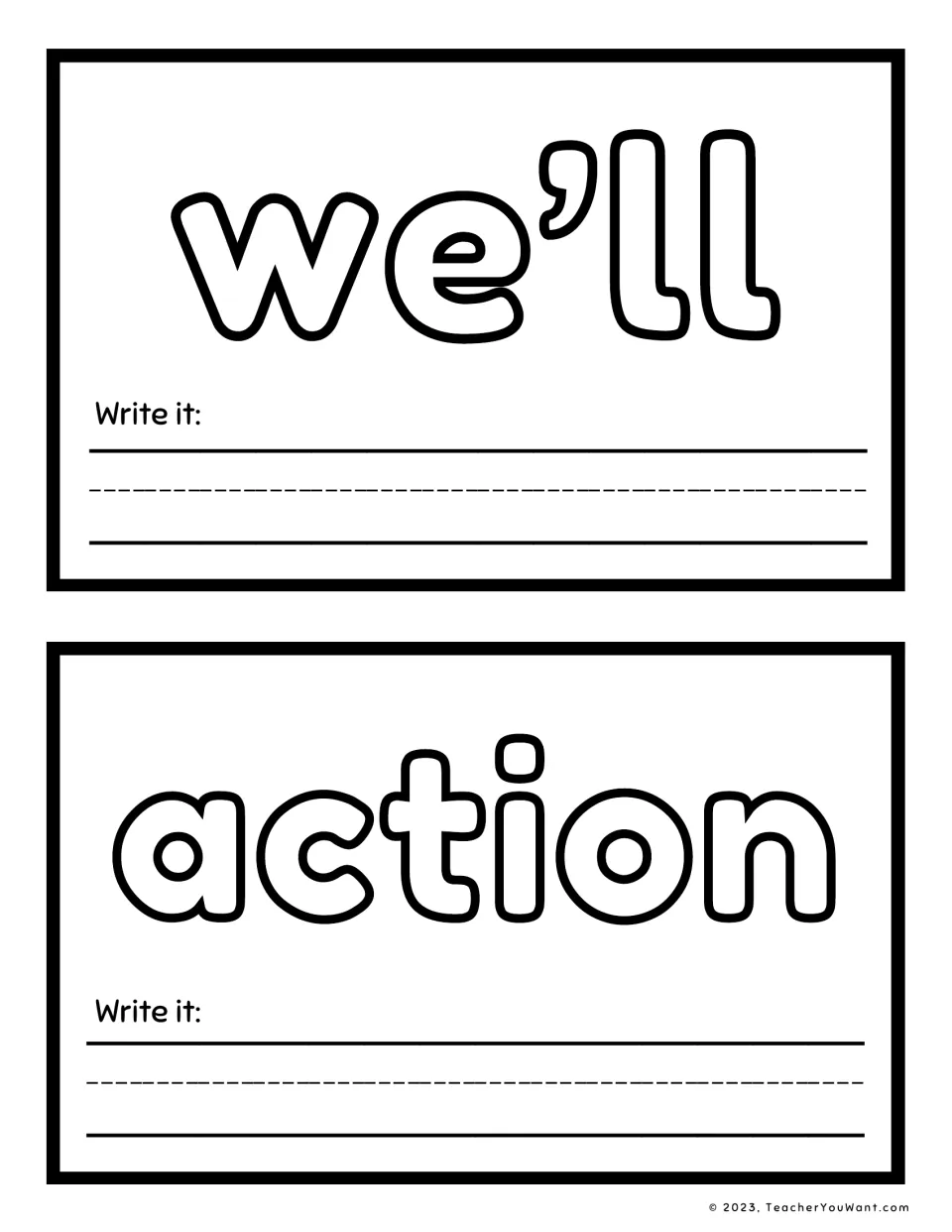 Sight word playdough mats 3–4: we’ll and action, with outlined words to shape and “Write it” prompts.