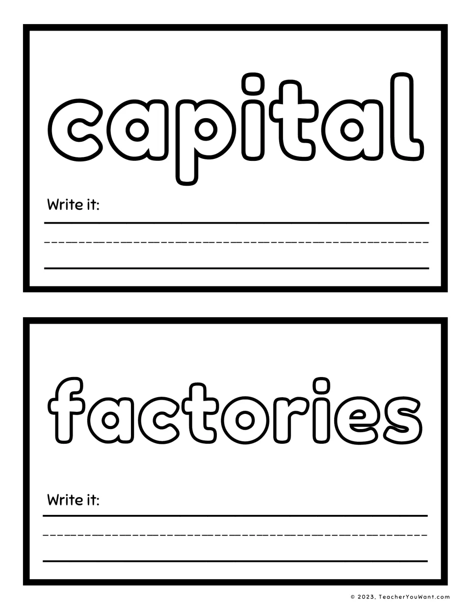Sight word playdough mats 5–6: capital and factories, with outlined words to shape and “Write it” prompts.