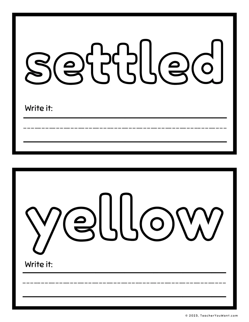 Sight word playdough mats 7–8: settled and yellow, with outlined words to shape and “Write it” prompts.