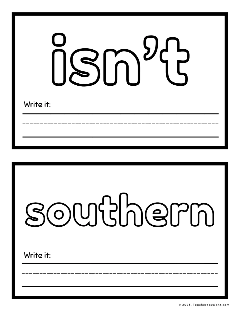Sight word playdough mats 9–10: isn’t and southern, with outlined words to shape and “Write it” prompts.