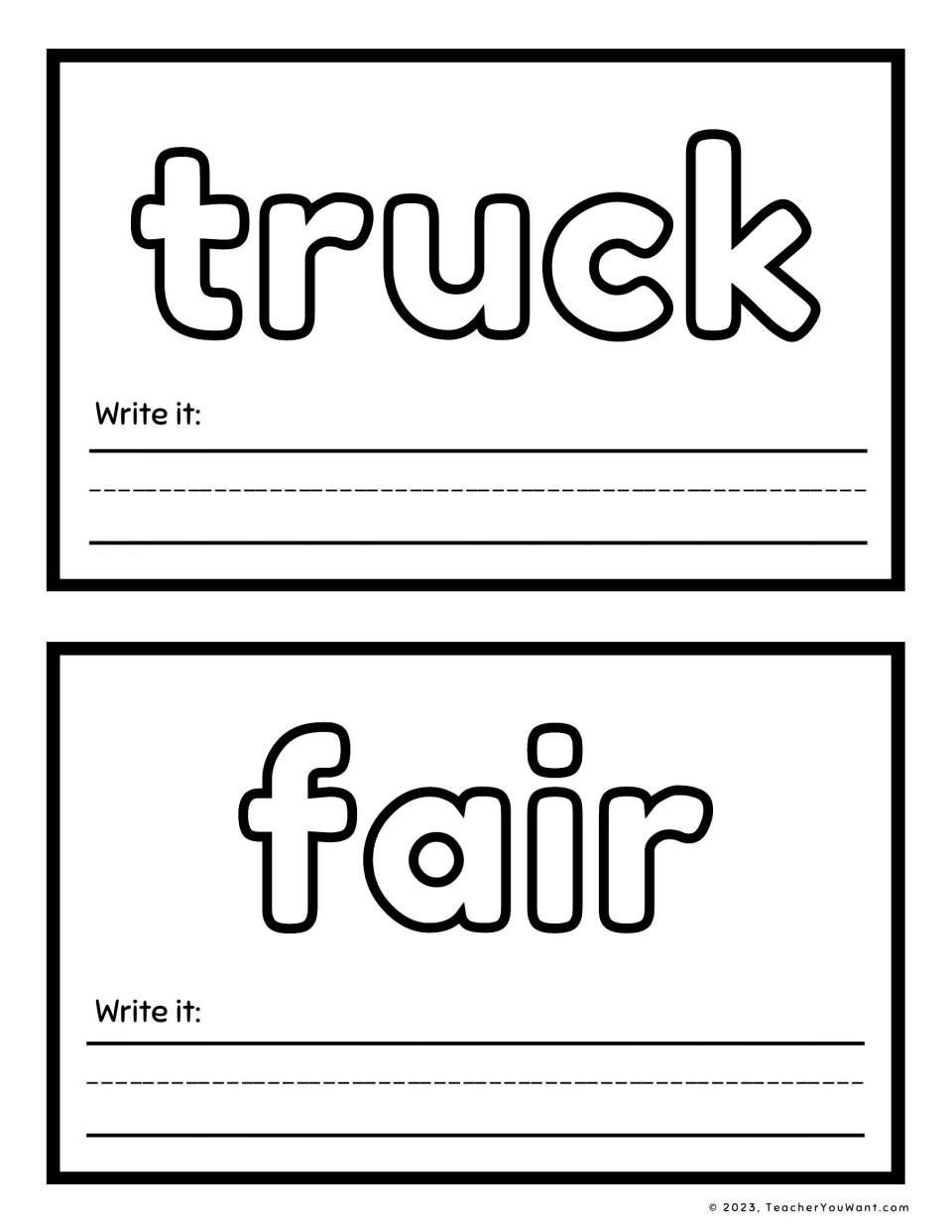 Sight word playdough mats 11–12: truck and fair, with outlined words to shape and “Write it” prompts.